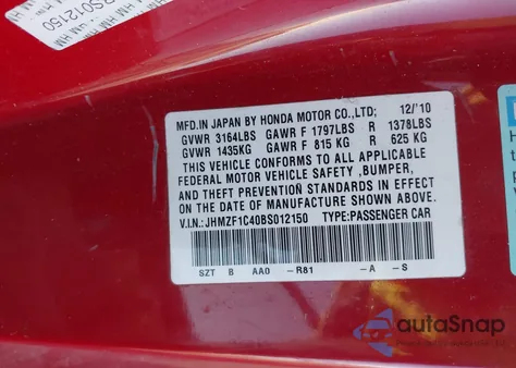 2011 Honda Cr-Z z USA, uszkodzony, nr VIN JHMZF1C40BS012150